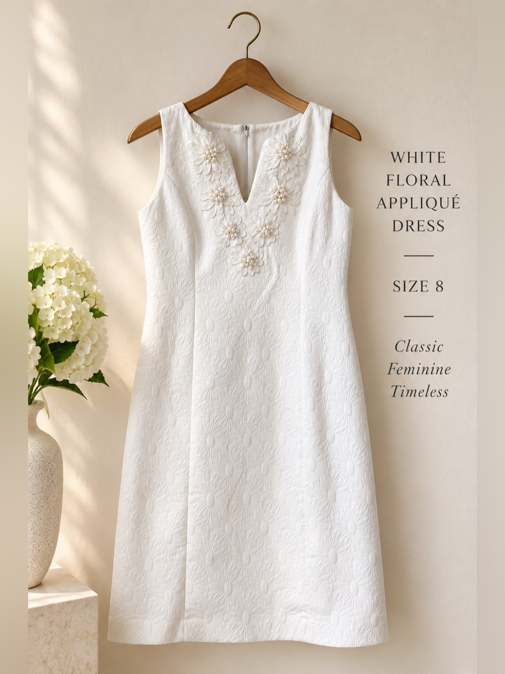 Cappagallo White Textured Floral Appliqué Shift Dress Size 8
